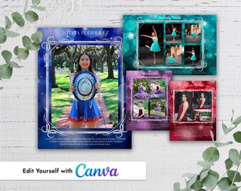 Plantilla de Canva para anuncio de recital de danza con marco plateado estilo bokeh, anuncio de homenaje para anuario y graduación.