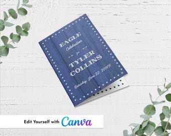 Programa de eventos con plantilla de Canva de águila militar de tablones de madera azules