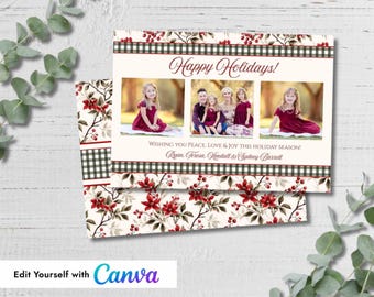 Plantilla de Canva para tarjeta fotográfica navideña con borde de cuadros vichy de acebo, descarga digital