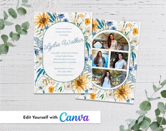 Plantilla de invitación de anuncio de graduación con marco ovalado de flores silvestres azules y amarillas para Canva