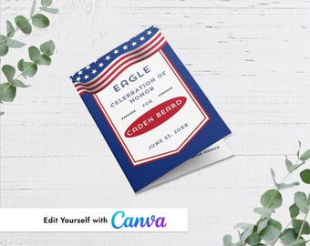 Plantilla de Canva para programa de eventos con bandera azul, estrellas y rayas.