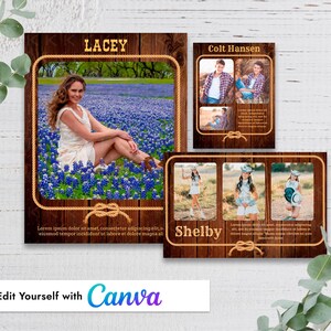 May include: Three wooden photo frames with rope borders. The largest frame features a woman in a field of blue flowers, labeled "LACEY." Smaller frames display photos of "Colt Hansen" and "Shelby." The Canva logo is at the bottom.
