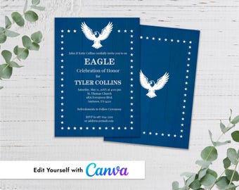 Plantilla de Canva para invitación militar con marco de águila y estrellas blancas
