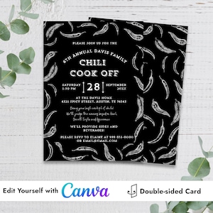 Botanic Chili Cook Off Invitation Canva Template Black White Red