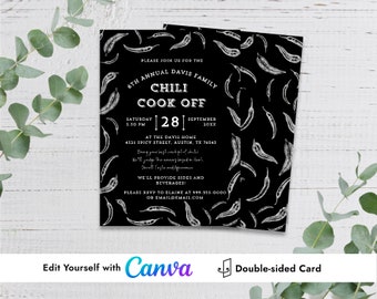 Plantilla Canva de invitación Botanic Chili Cook Off negro blanco rojo