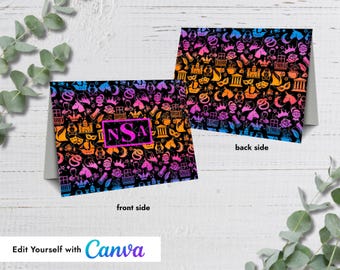 Plantilla de Canva para tarjetas plegables con iconos de Shakespeare, imprimible y editable, con colores arcoíris, azul, verde, rosa y morado.