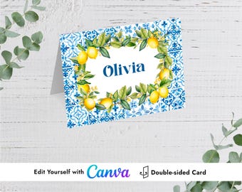 Tarjeta de agradecimiento con diseño de limones y azulejos italianos azules (plantilla de Canva, edítala tú mismo).