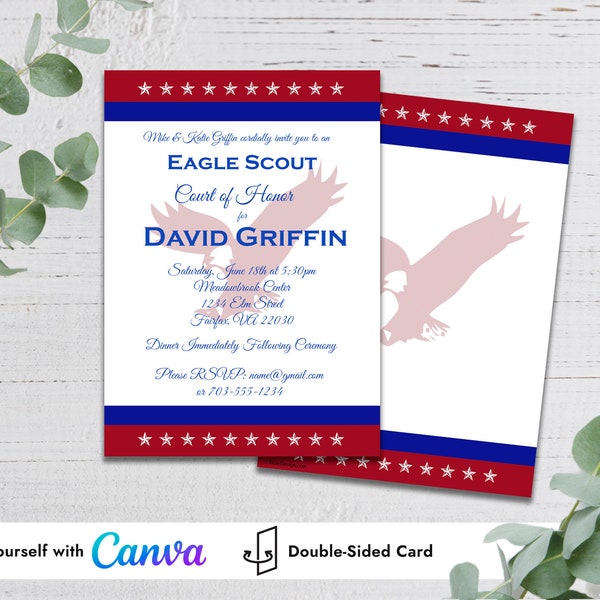 Tri-Color Eagle Scout Invitation Template Edit in Canva Red White Blue Stars