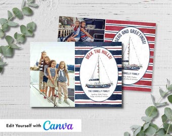 Plantilla de Canva para tarjeta de Año Nuevo con foto de navegación "Deck the Hulls"