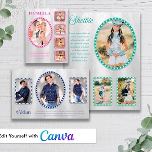 May include: A digital template set for graduation or event announcements featuring placeholders for photos and text. The design includes oval and rectangular frames with dotted borders, customisable name fields like Daniella, Shelbie, and Aidan, and text.