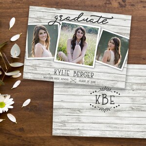 Invitación de anuncio de graduación de tablón blanco, rústica digital, 3 fotos imprimibles