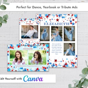 May include: Layouts for dance, yearbook, or tribute ads. The designs feature photos with red, white, and blue star and stripe borders. The layouts include the names Grayson, Elizabeth, and Jocelyn. The Canva logo is visible.