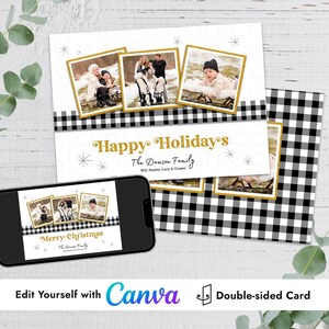 Buffalo Check Gold Frame Holiday Photo Card Canva Template