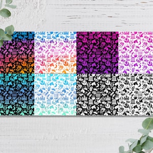 May include: Eight patterned designs featuring repeating carnival-themed icons in various color schemes. The patterns include masks, crowns, and other festive elements in colors like black, pink, orange, blue, and white. The designs are arranged in a grid.