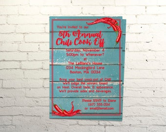 Customized Chili Cookoff Invitation - Distressed Teal Wood-plank