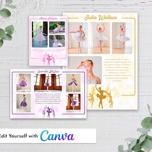 May include: Three rectangular templates featuring ballet photography, including names like Avery Simpson, Julia Wallace, and Gabrielle LeClair. The layouts contain multiple photo frames, placeholder text, and silhouettes of dancers. The bottom banner displays the text Edit Yourself with Canva.