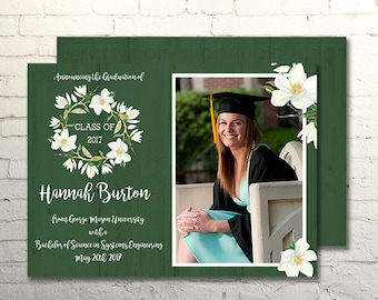 Green and White Magnolias Graduation Announcement Invitation Floral Digital Printable