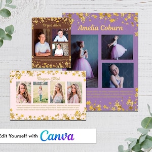 Puede incluir: Tres tarjetas fotográficas personalizadas con detalles de estrellas. Una tarjeta presenta fotos de Bryce Allen, otra de Amelia Coburn y la tercera de Reagan Elliot. Las tarjetas son en tonos marrón, rosa y morado, con adornos de estrellas doradas. El logotipo de Canva está en la parte inferior.