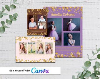 Plantilla de Canva para anuncio personal de Falling Gold Stars, anuncio para anuario de recital de danza, programa de teatro para estudiantes de último año
