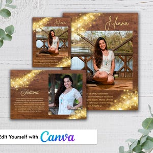May include: A set of three wooden photo cards with the name "Juliana" in gold script. Each card features a photo of a woman in a white dress. The cards have a bokeh effect and text.