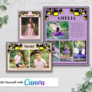 May include: Three framed photo collages with the names "Savannah", "Hayden", and "Amelia". The "Savannah" frame is pink and features a photo of a person in a pink dress. The "Hayden" frame is beige and has two photos of a person. The "Amelia" frame is purple and has photos of a person in a ballet outfit. The Canva logo is at the bottom.