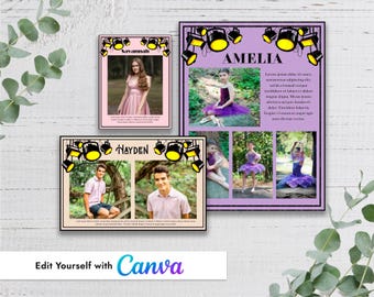 Plantilla de Canva para anuncio personal con borde de luces de escenario, recital de danza, anuario, programa de teatro para estudiantes de último año.