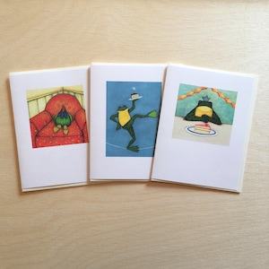 Carte de vœux grenouille / Carte de vœux poulet / Carte vierge / Helga Sermat / Joyeux anniversaire / Tu me manques