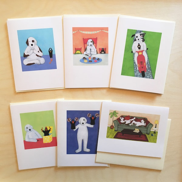 Dog art cards / funny dog cards / Dog and Bird cards / dog greeting cards / Happy Birthday / thank you / I miss you / Helga Sermat