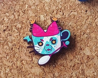 Cat Bat Cup - Cute creature Wooden Pin, Adorable Monster Badge, Kawaii Cat Pin, Charming Bat Animal Pin