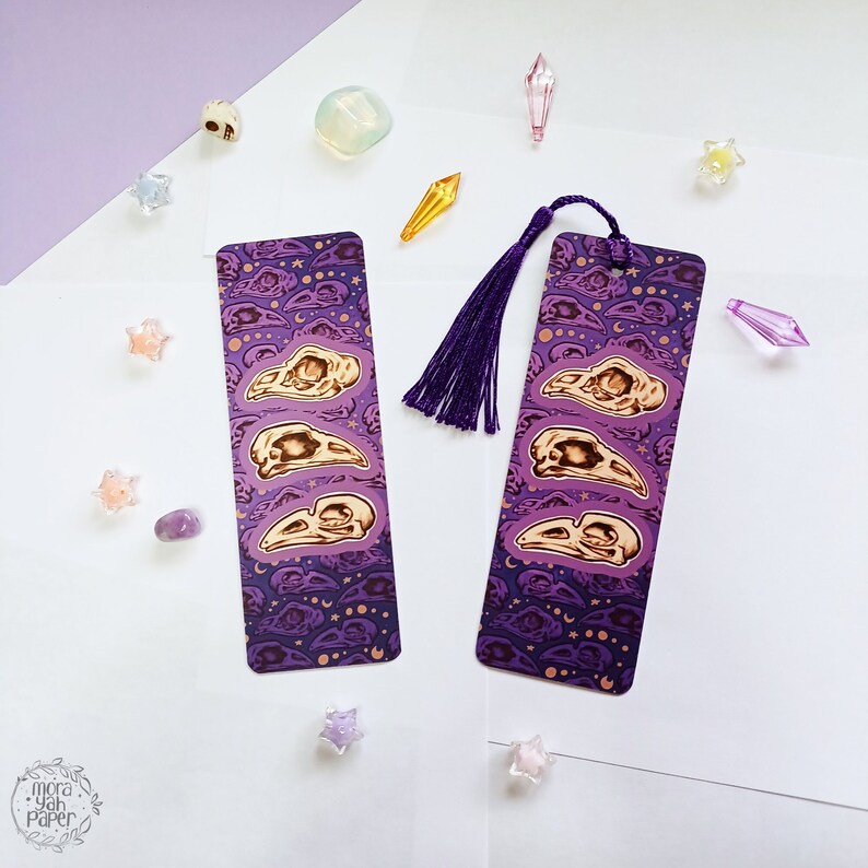 Bird Skull tassel bookmark, purple spooky witch bookmark, raven skull pattern bookmark, skull stationery, Dark Academia bookmark image 1