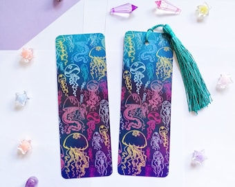 Jellyfish Ocean Double sided Bookmark - neon style sea creatures page marker - bookmark with tassel - sensory bookmark - cute jelly fish