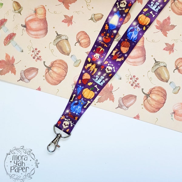 Halloween Lanyard - cute  - spooky - ID Card Holder - witchy vibes - Keychain - goth - cat lanyard - pumpkin - fall aesthetic - magic