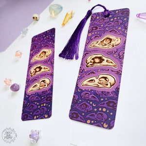 Bird Skull tassel bookmark, purple spooky witch bookmark, raven skull pattern bookmark, skull stationery, Dark Academia bookmark image 6