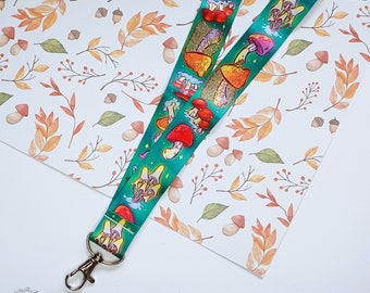 Mushroom Lanyard, Witchy Cottagecore forest neck strap, for holding ID cards, holding keys, Mushroom pattern, witchcore keychain, fall vibes