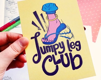 Jumpy Leg Club - A6 art card - mental health art card - restless leg syndrome funny art print