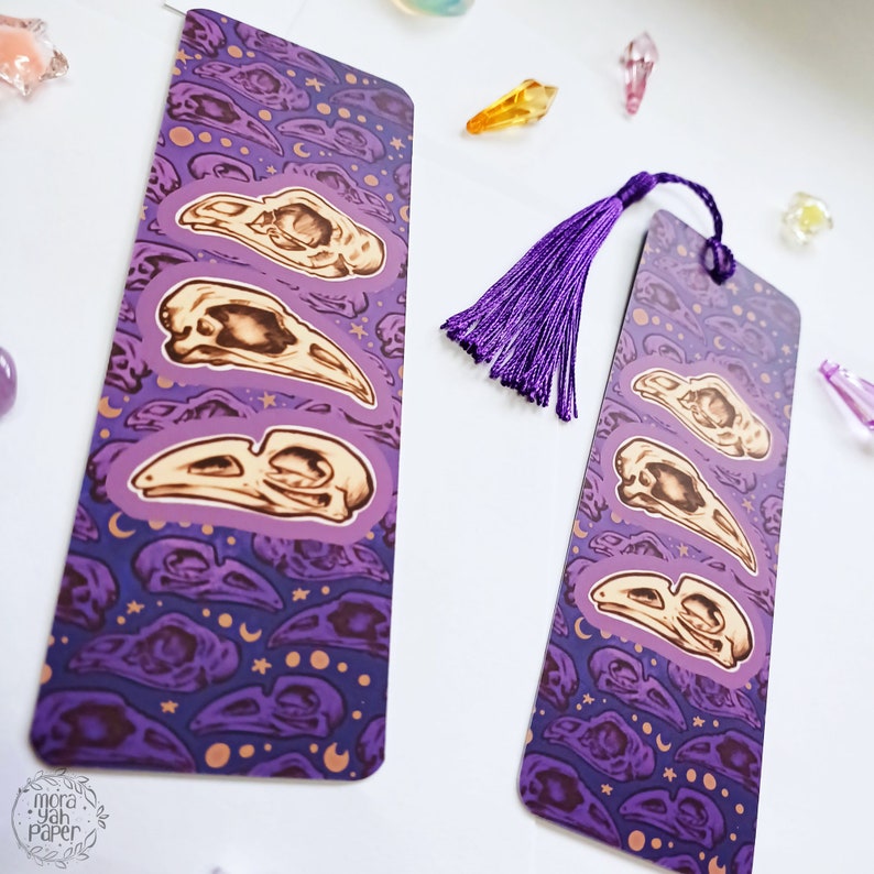 Bird Skull tassel bookmark, purple spooky witch bookmark, raven skull pattern bookmark, skull stationery, Dark Academia bookmark image 8