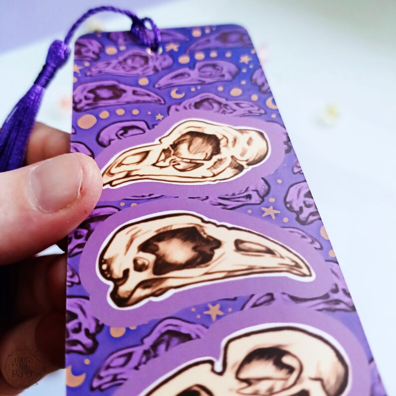 Bird Skull tassel bookmark, purple spooky witch bookmark, raven skull pattern bookmark, skull stationery, Dark Academia bookmark image 10