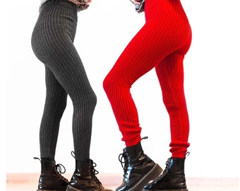 Ribbed KNITTED LEGGINGS: Hand-Knitted, Long, Soft & Comfortable Winter Tights for Women (Cotton and Wool Options)