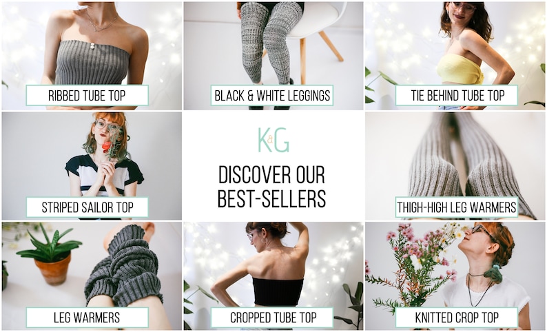 A collage showing various best-sellers items by the Etsy brand Knit & Green.