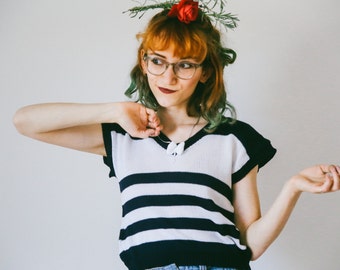 Striped Sailor Blue & White TOP / Shirt with a Bow - Navy, Vintage 80s Look, Super Soft, Durable, Cute, Personalised, Blue and White