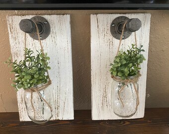 Set of Two Pipe mason jar decor, wood decor, living room  decor, signs for home, Rustic Home decor