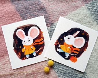 2x mouse art print set, cute, mouse print, rat print, white mouse art print, watercolour print, wall art, wall decoration