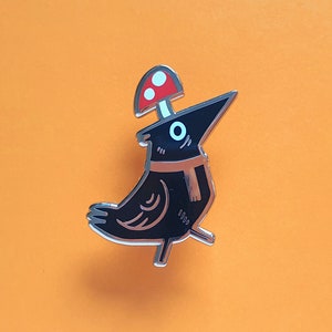 Mushroom raven enamel pin, enamel pin,  blackbird pin, animal pin, raven pin, gold pin, animal badge, crow brooch, enamel brooch, accessory