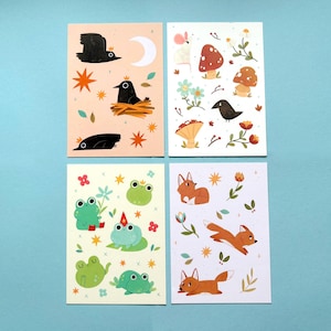 Lot de 4 cartes postales, corbeau, champignon, grenouille, renard, mini impression, art mural, correspondant, écriture de lettres, cartes postales d'animaux, carte postale d'oiseaux, illustrée