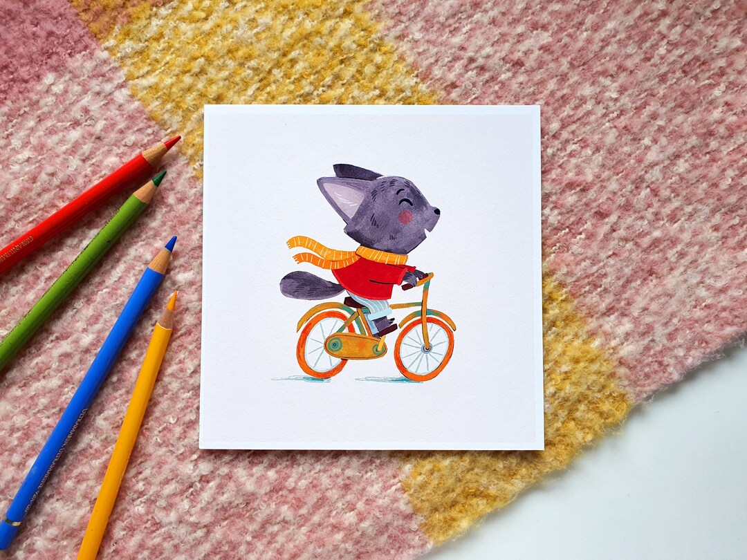 6x6 Bike Ride Art Print, Cute, Nature Print, Cat Painting, Animal Art ...