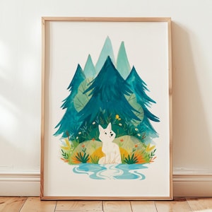 White fox art print, woodland, cute, wall art, giftware, animal, animal lover, arctic fox, animal painting, floral artwork, art print