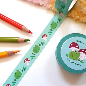 Frog and mushroom washi tape, washi tape, frog washi, journaling, frog stationery, kawaii, illustrated washi, journal tape, frog kraft