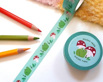 Frog and mushroom washi tape, washi tape, frog washi, journaling, frog stationery, kawaii, illustrated washi, journal tape, frog kraft