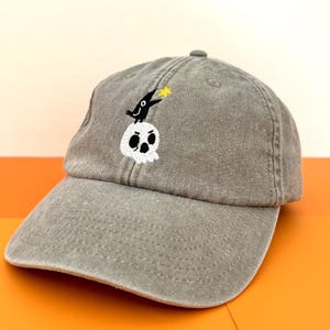 Skull Raven denim cap, baseball cap, hat, summer hat, embroidery, raven embroidery, alternative clothing, skater hat, skate cap, grey