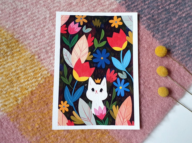 A5 Flower Cat art print, cute, wall art, giftware, animal, animal lover, animal painting, autumnal artwork, children's art, fantasy art image 2